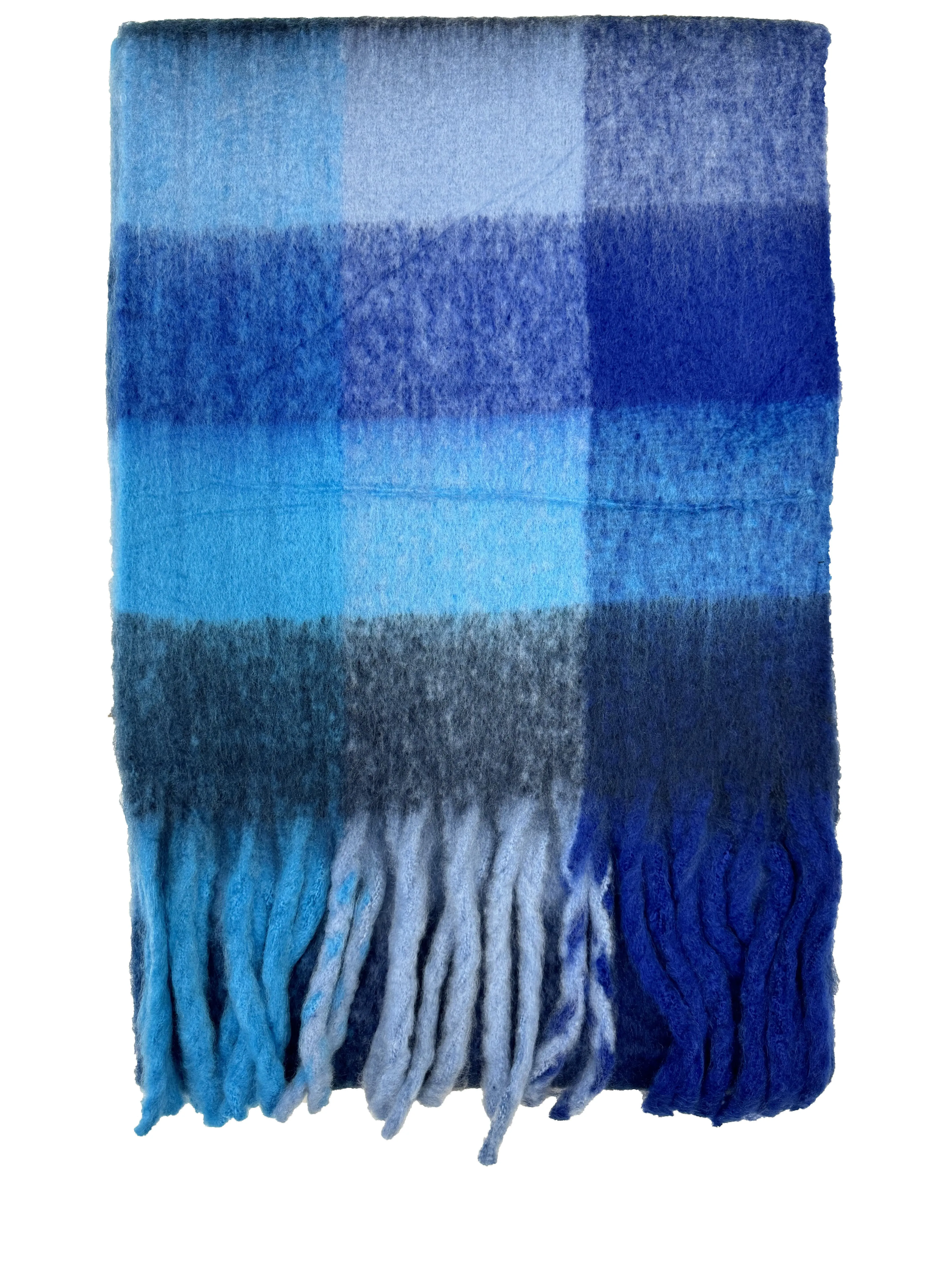 Fluffy Multicoloured Checkered Winter Scarf with Tassels