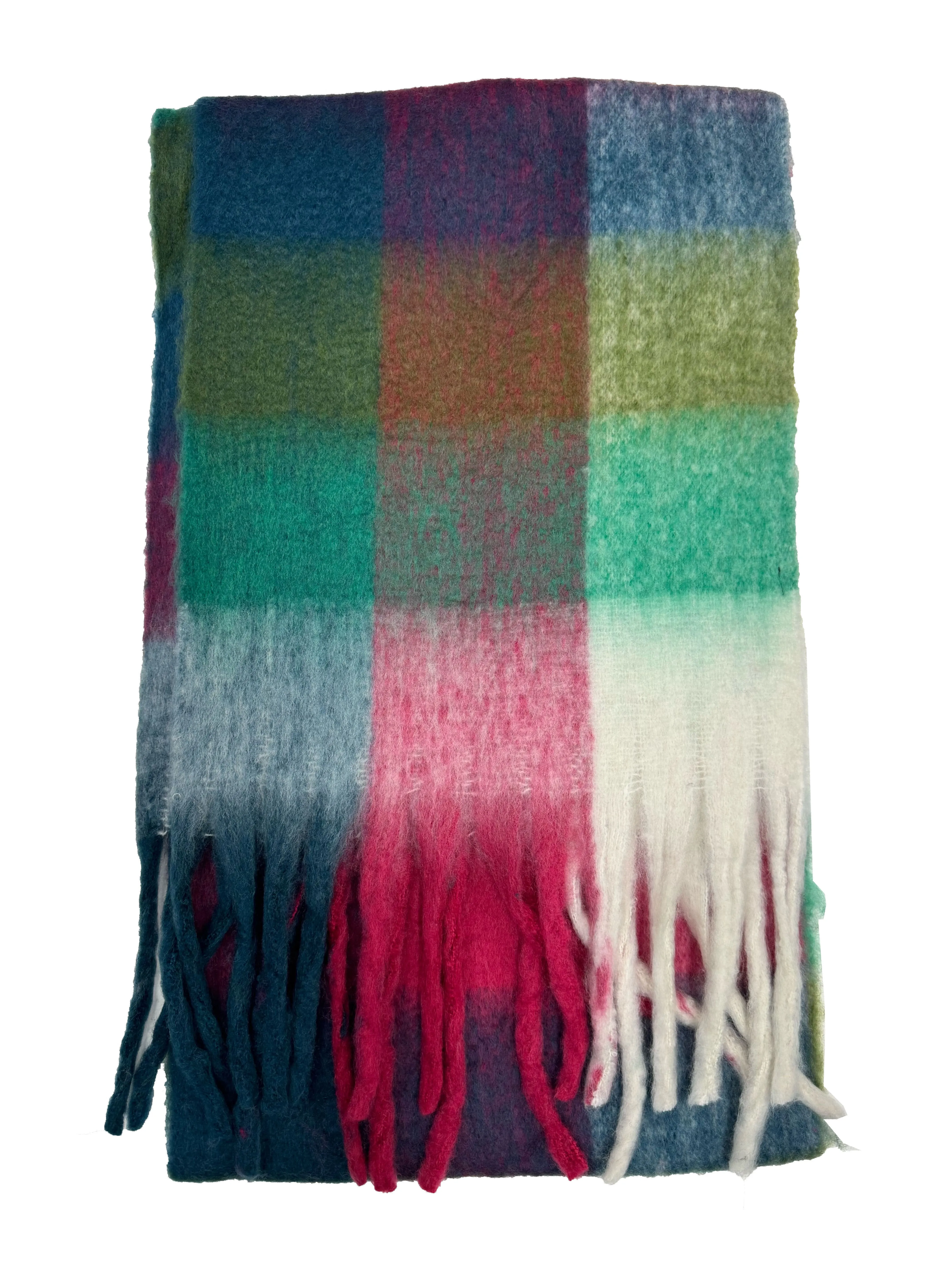 Fluffy Multicoloured Checkered Winter Scarf with Tassels