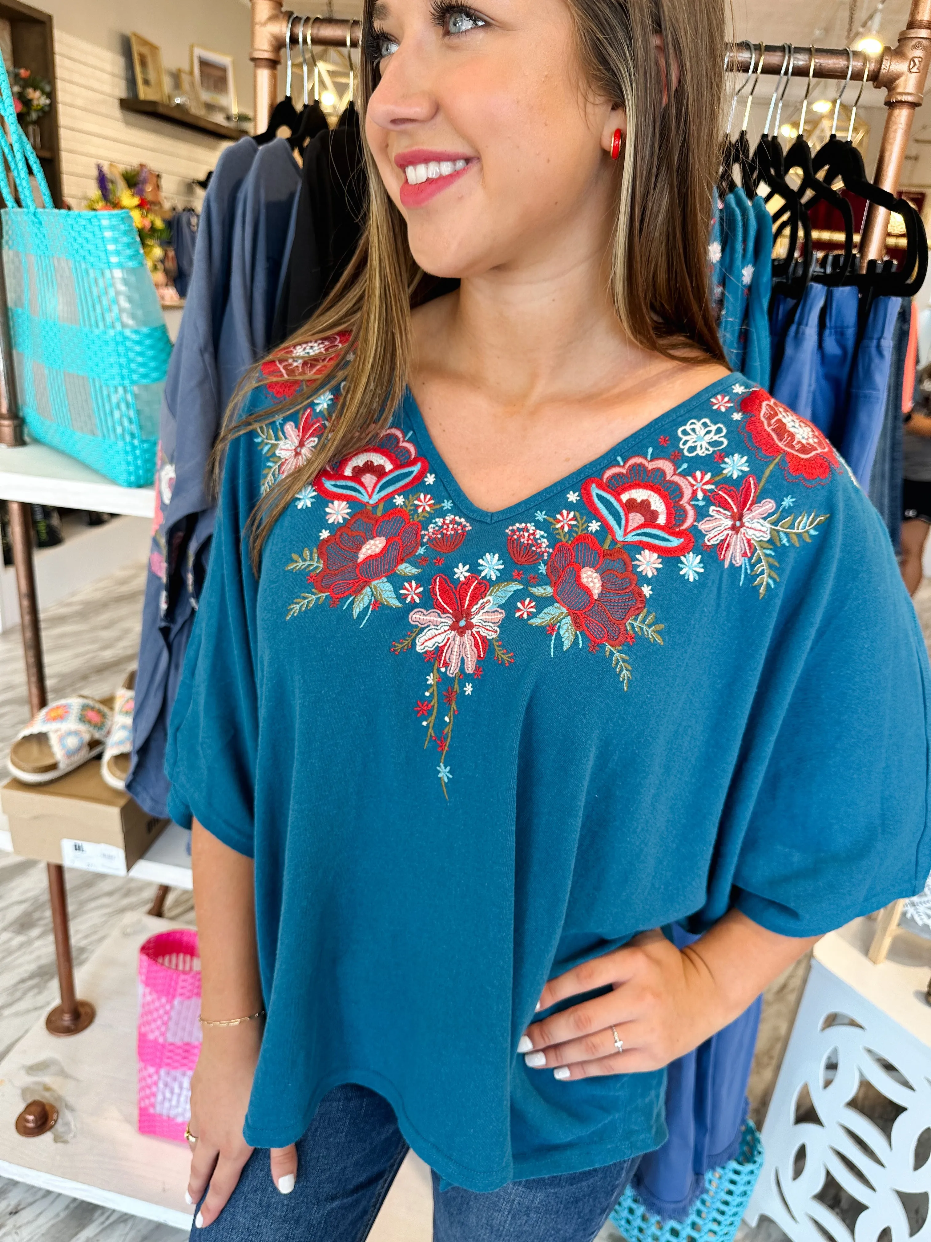 Forever Feeling Teal Embroidered Top