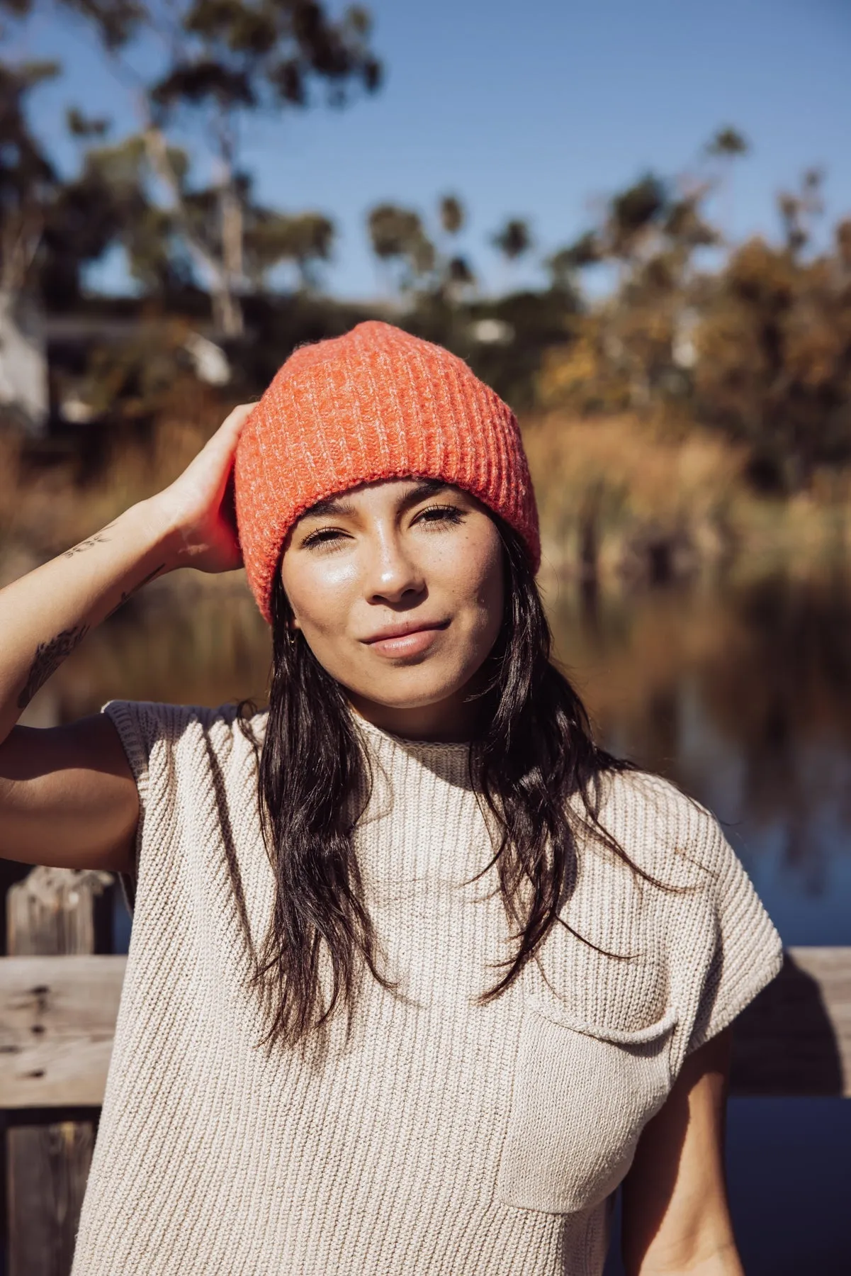 Free People Harbor Marble Ribbed Beanie - Cherry Tomato