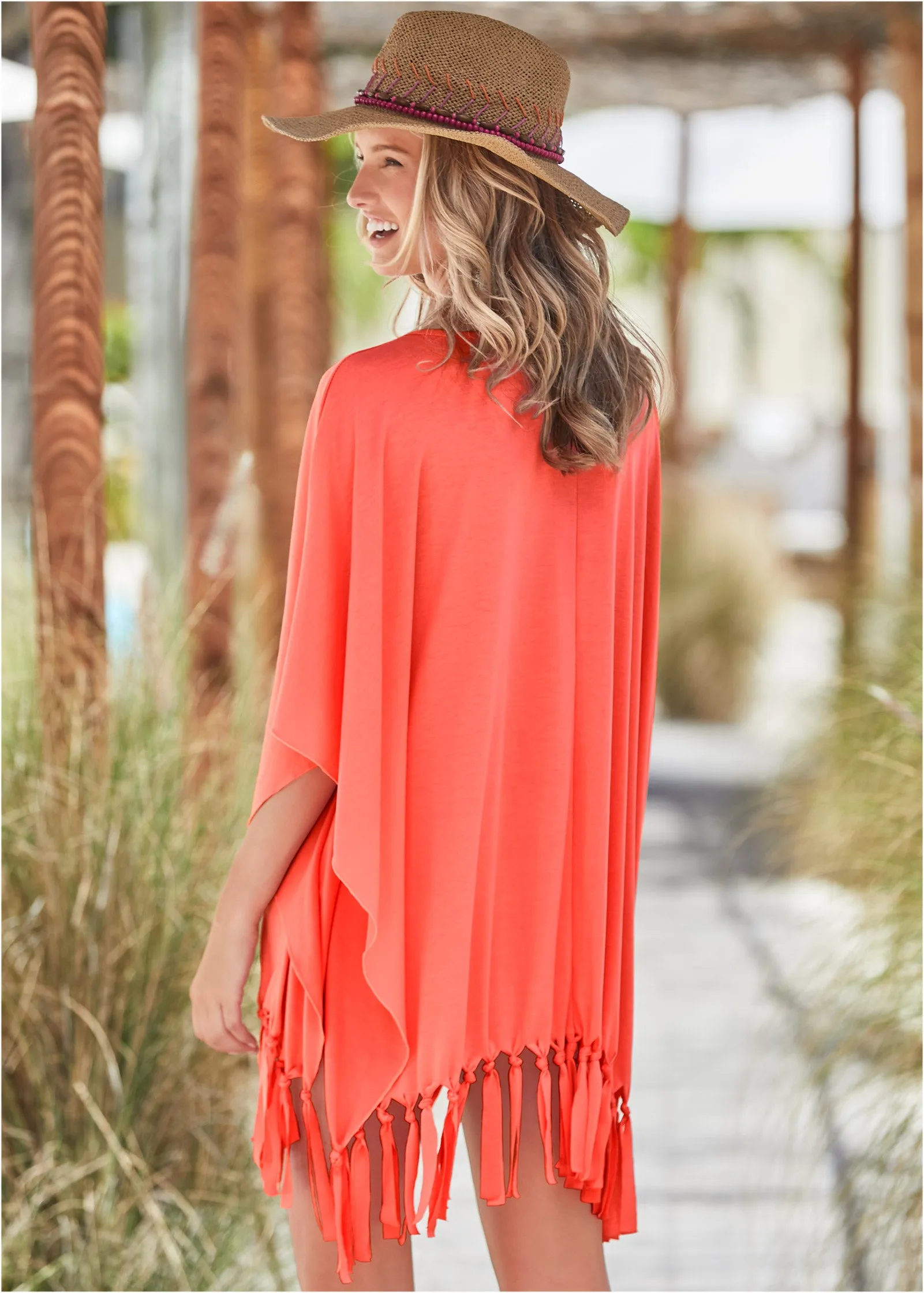 Fringe Detail Cover-Up - Coral Bright