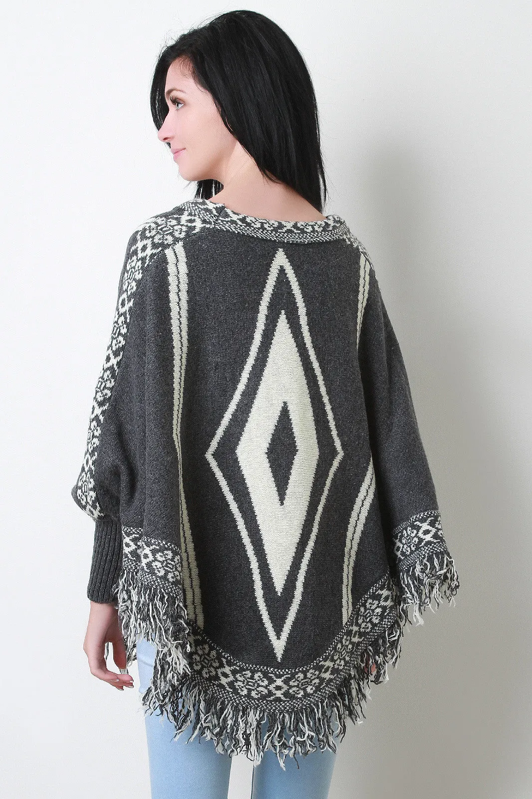 Fringe Hem Marled Knit Tribal Pattern Poncho