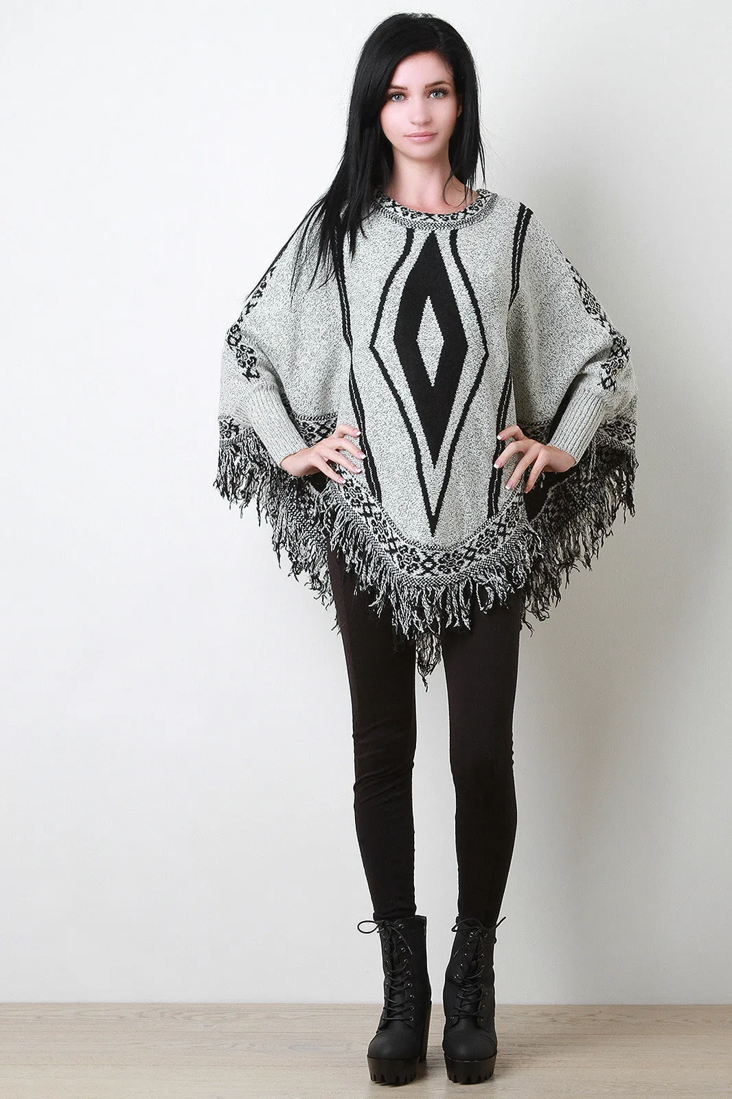 Fringe Hem Marled Knit Tribal Pattern Poncho