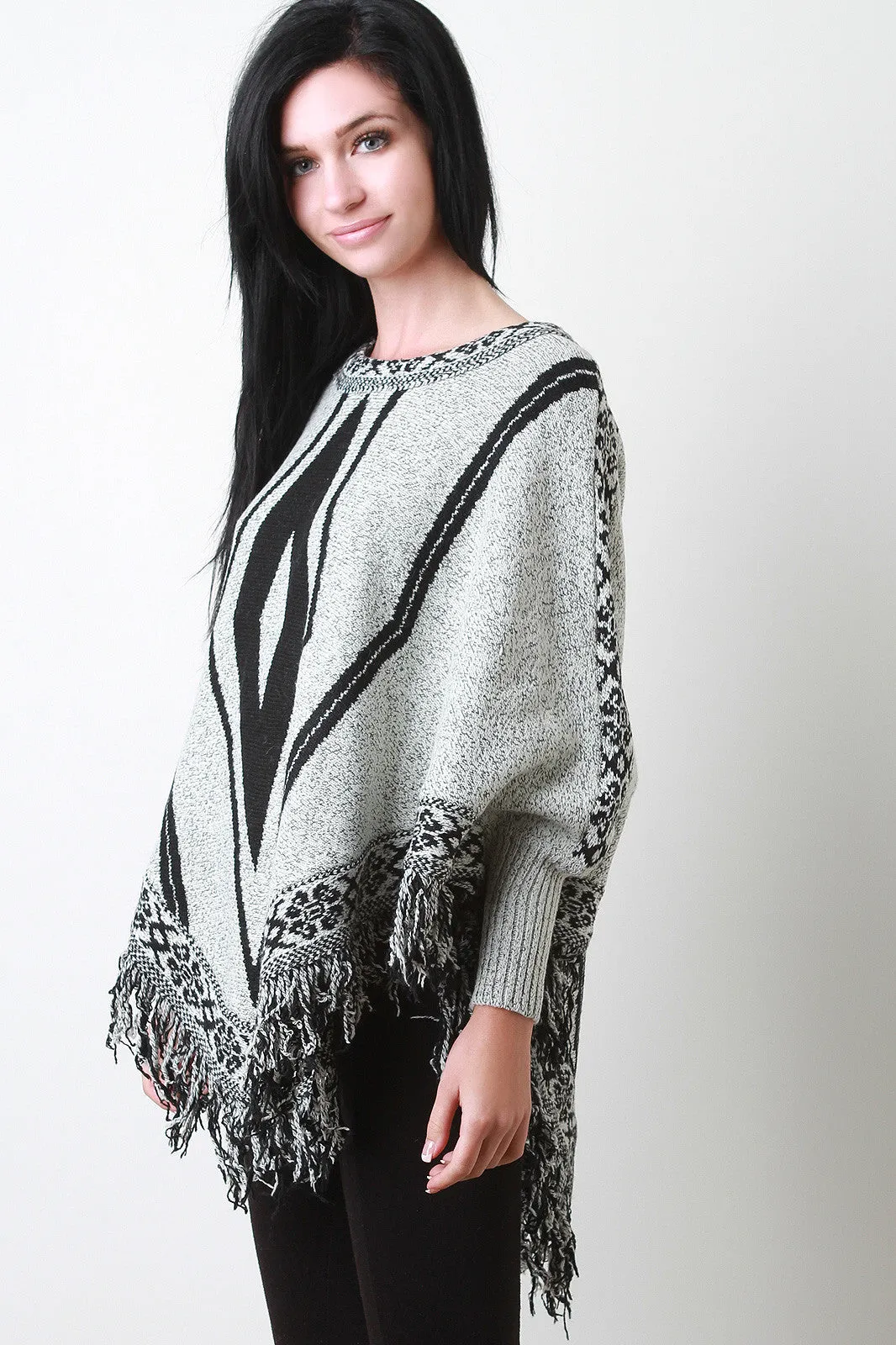 Fringe Hem Marled Knit Tribal Pattern Poncho