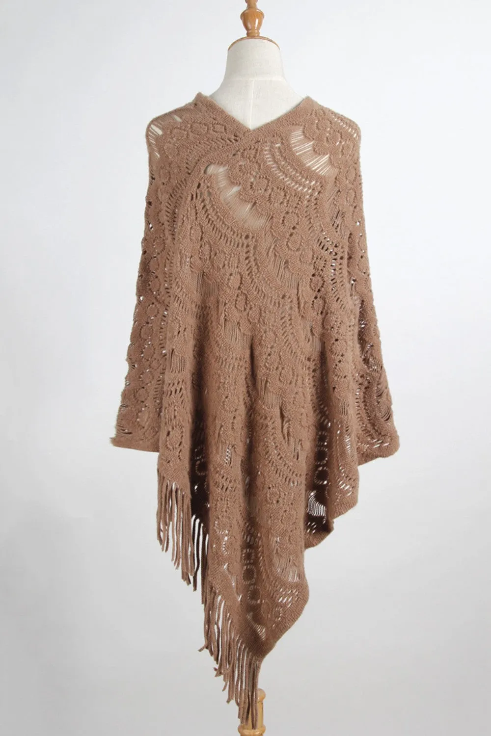 Fringe Openwork Surplice Cape Sleeve Poncho