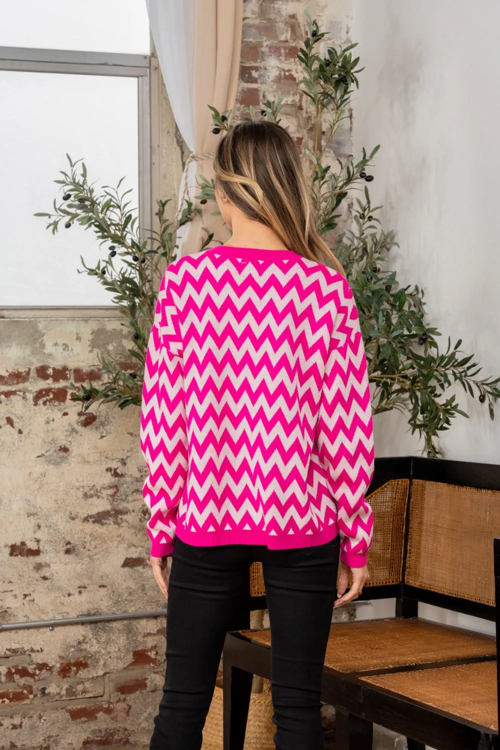 Fuchsia & Ivory Wave Long Sleeve Sweater