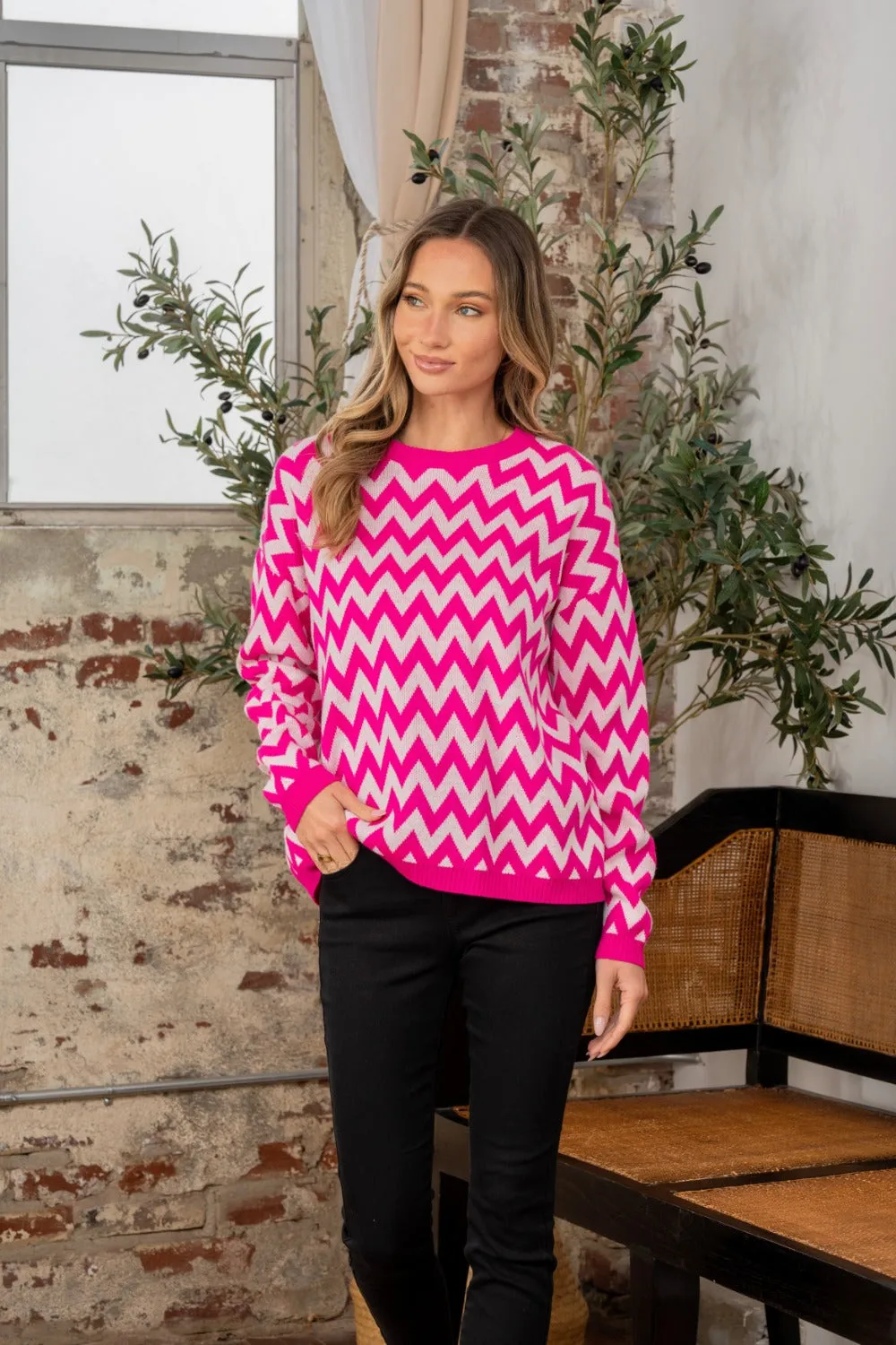 Fuchsia & Ivory Wave Long Sleeve Sweater