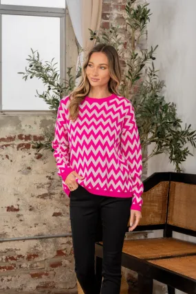 Fuchsia & Ivory Wave Long Sleeve Sweater