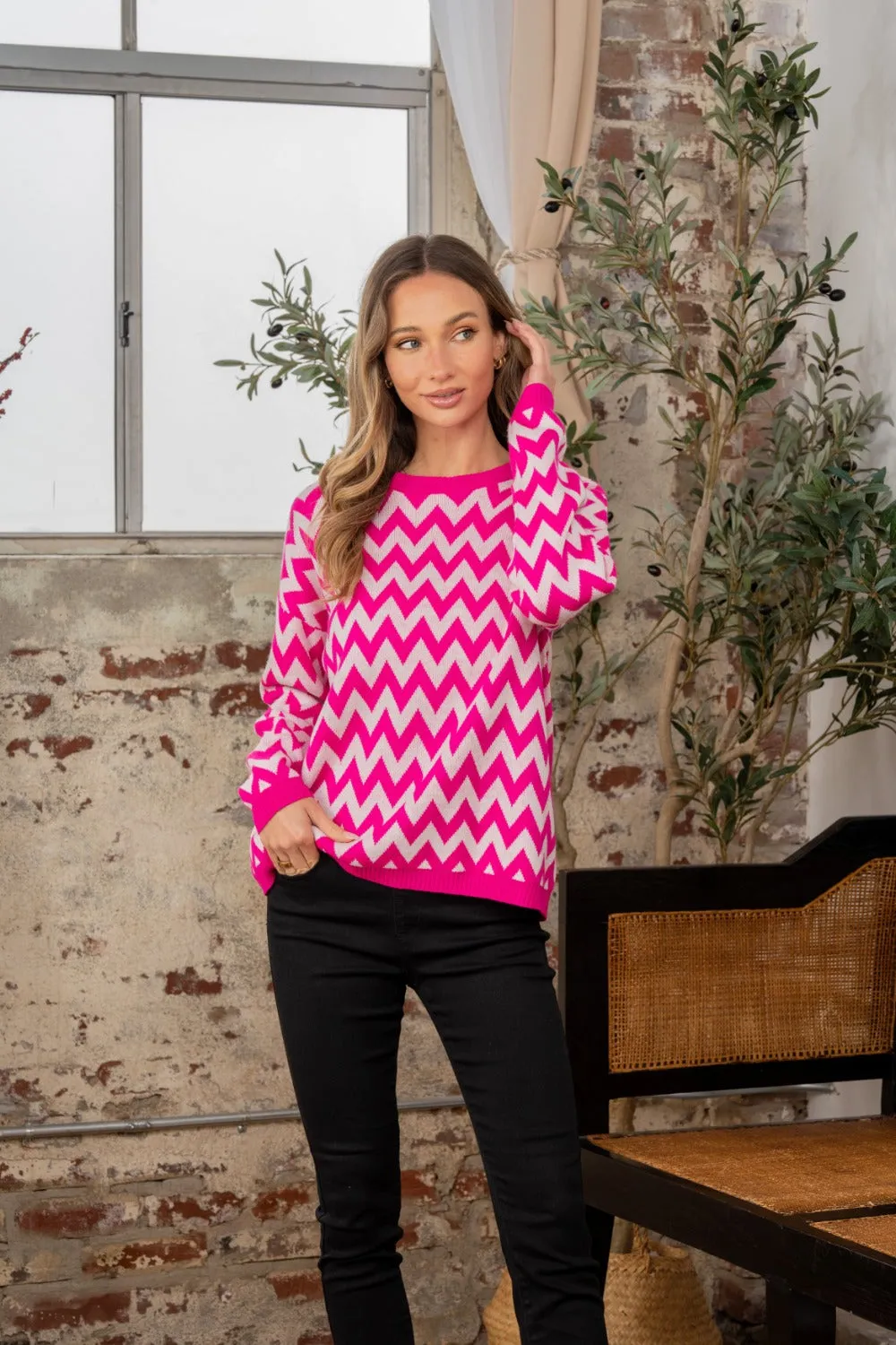 Fuchsia & Ivory Wave Long Sleeve Sweater