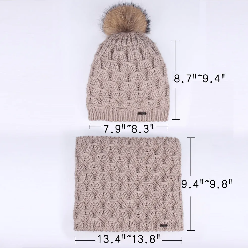 FURTALK Women Winter Real Fur Bobble Hat Scarf Set Diamond Pattern Drop Shipping HTWL091