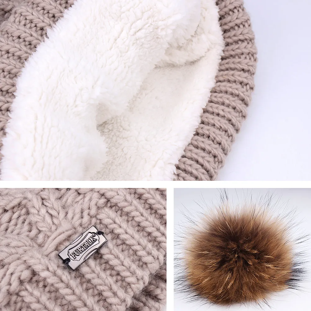 FURTALK Women Winter Real Fur Bobble Hat Scarf Set Diamond Pattern Drop Shipping HTWL091