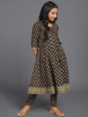 Girl's Dark Olive Printed Anarkali & Jacket With Pant Set - Aks Girls