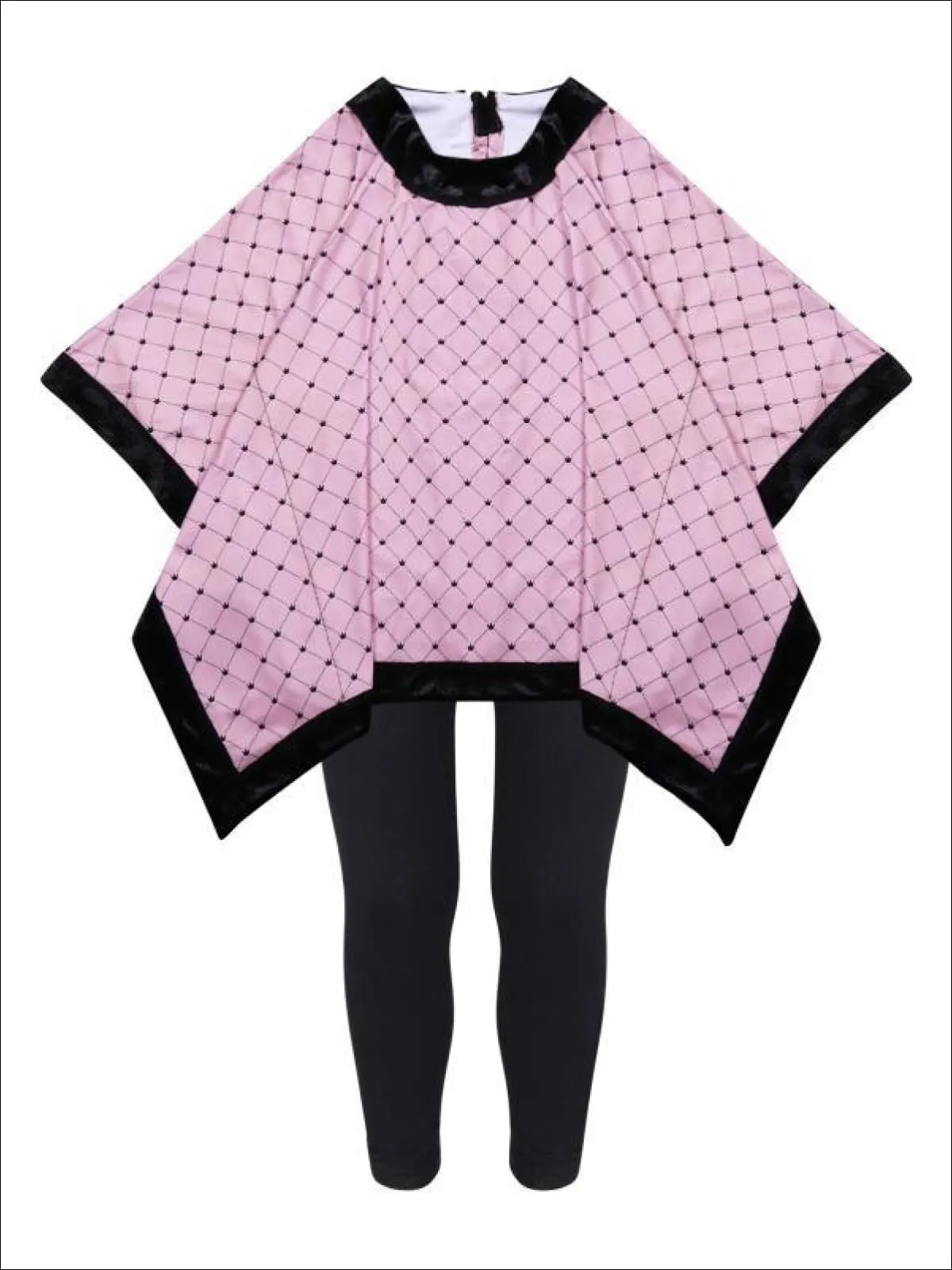 Girls Pink Crown Print Velvet Poncho And Matching Legging Set