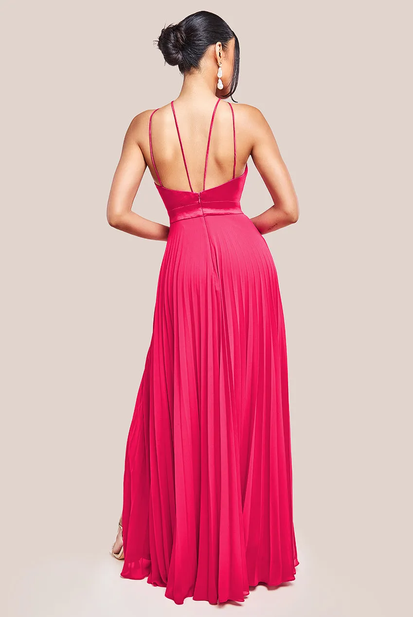 Goddiva Pleated Chiffon Corsage Halter Strappy Maxi Dress - Magenta