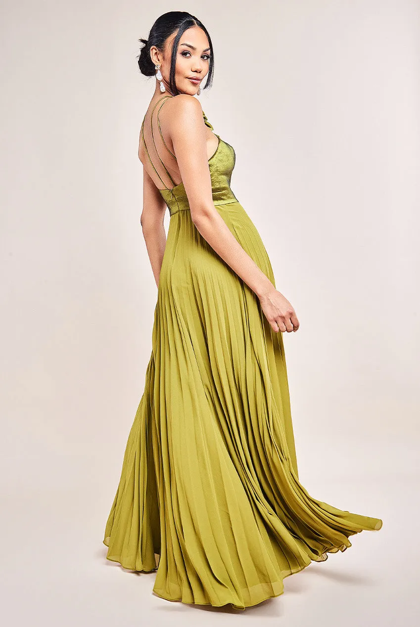 Goddiva Pleated Chiffon Corsage Halter Strappy Maxi Dress - Olive Green