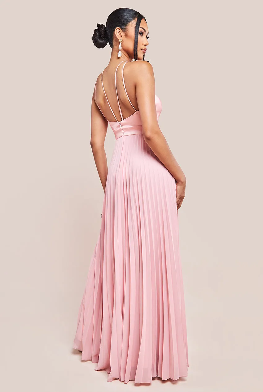 Goddiva Pleated Chiffon Corsage Halter Strappy Maxi Dress - Pink