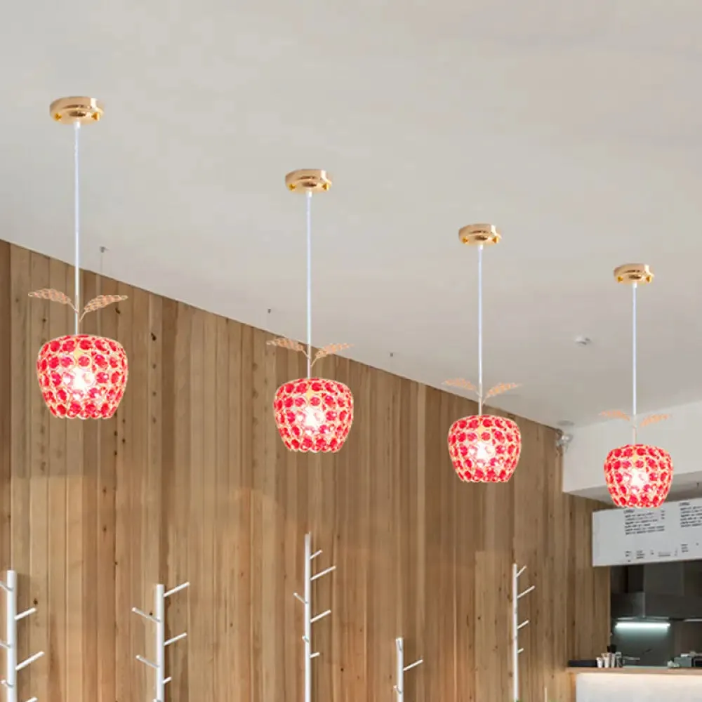 Gold Apple Pendant Lamp with Red Crystal Encrusted Contemporary Design