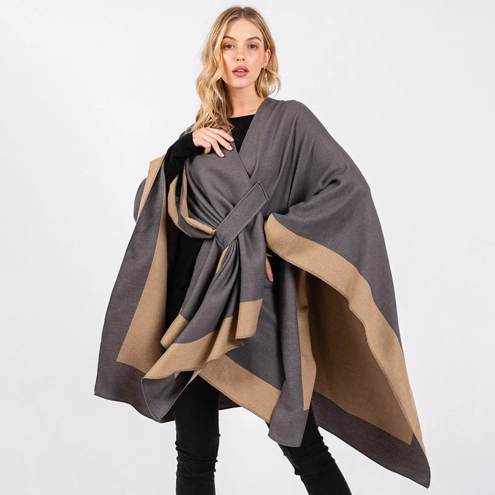 Gray Two Tone Pull Through Shawl Ruana Poncho