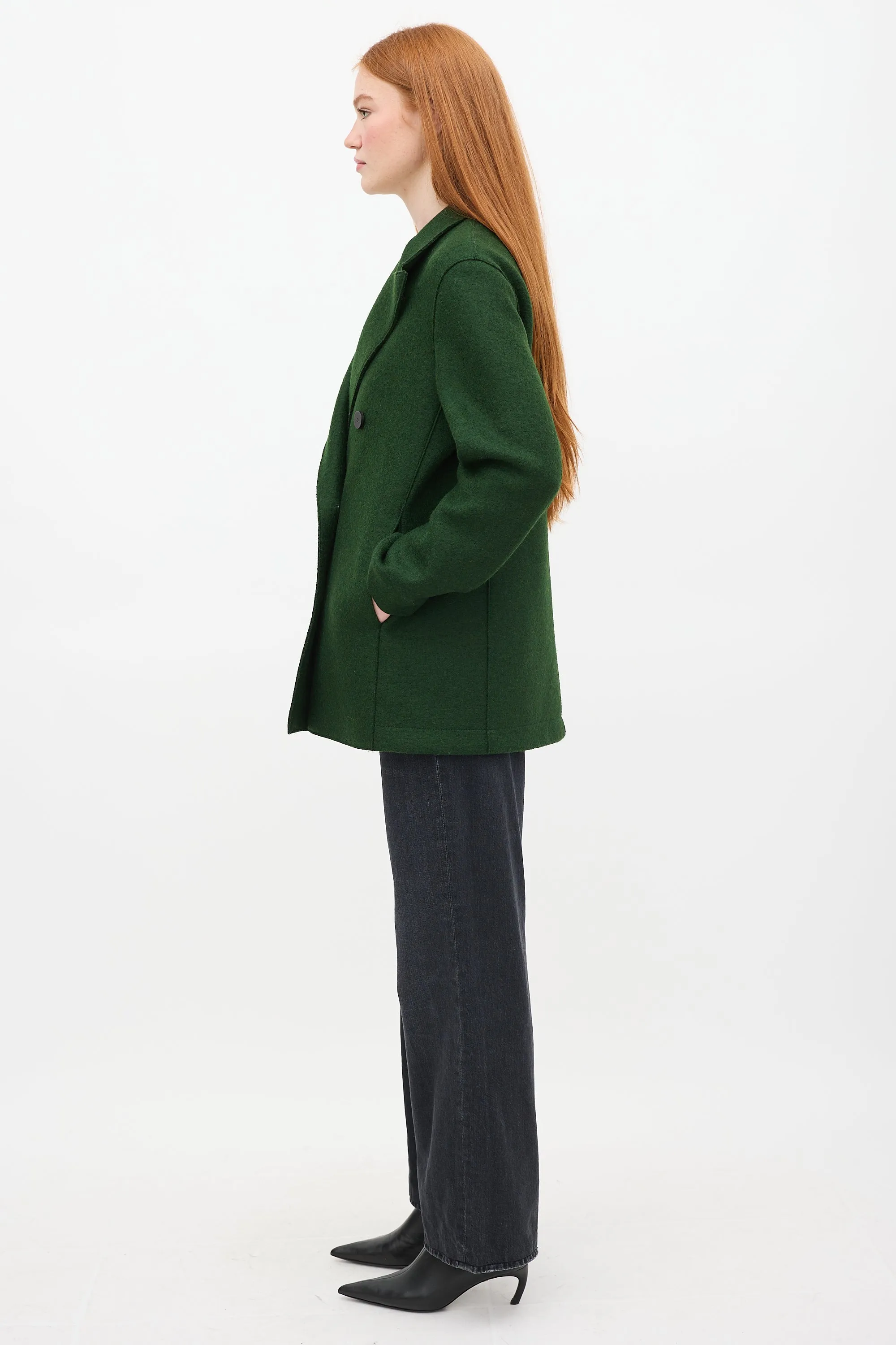 Green Pressed Wool Long Pea Coat