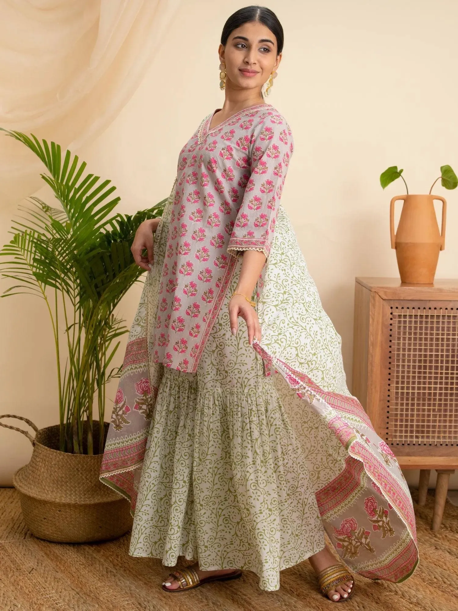 Grey Printed Cotton Straight Kurta With Sharara & Dupatta