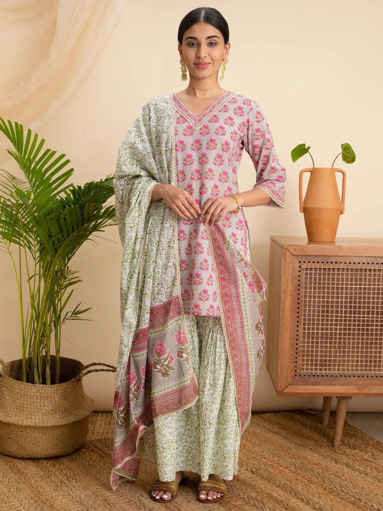 Grey Printed Cotton Straight Kurta With Sharara & Dupatta