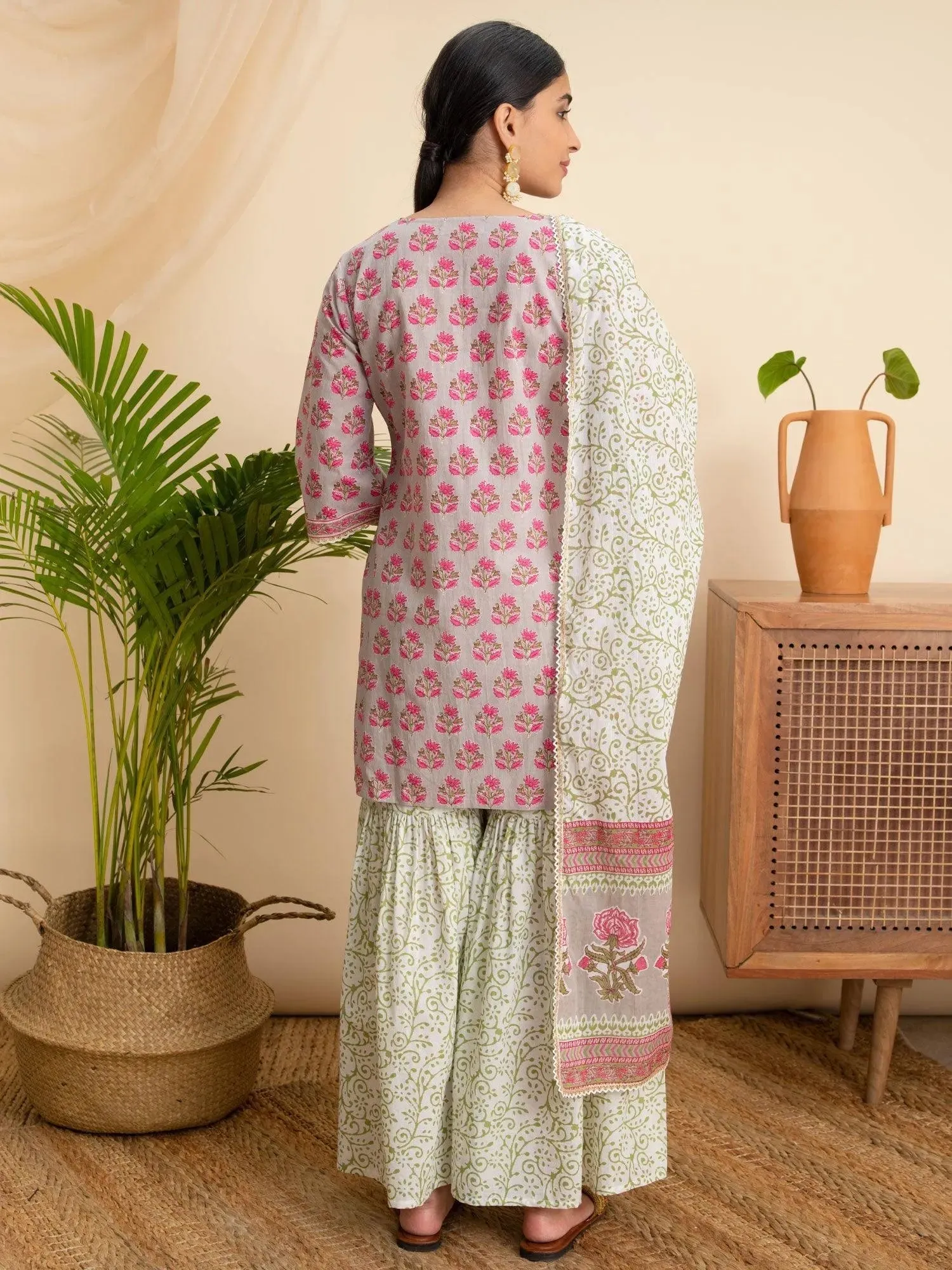 Grey Printed Cotton Straight Kurta With Sharara & Dupatta