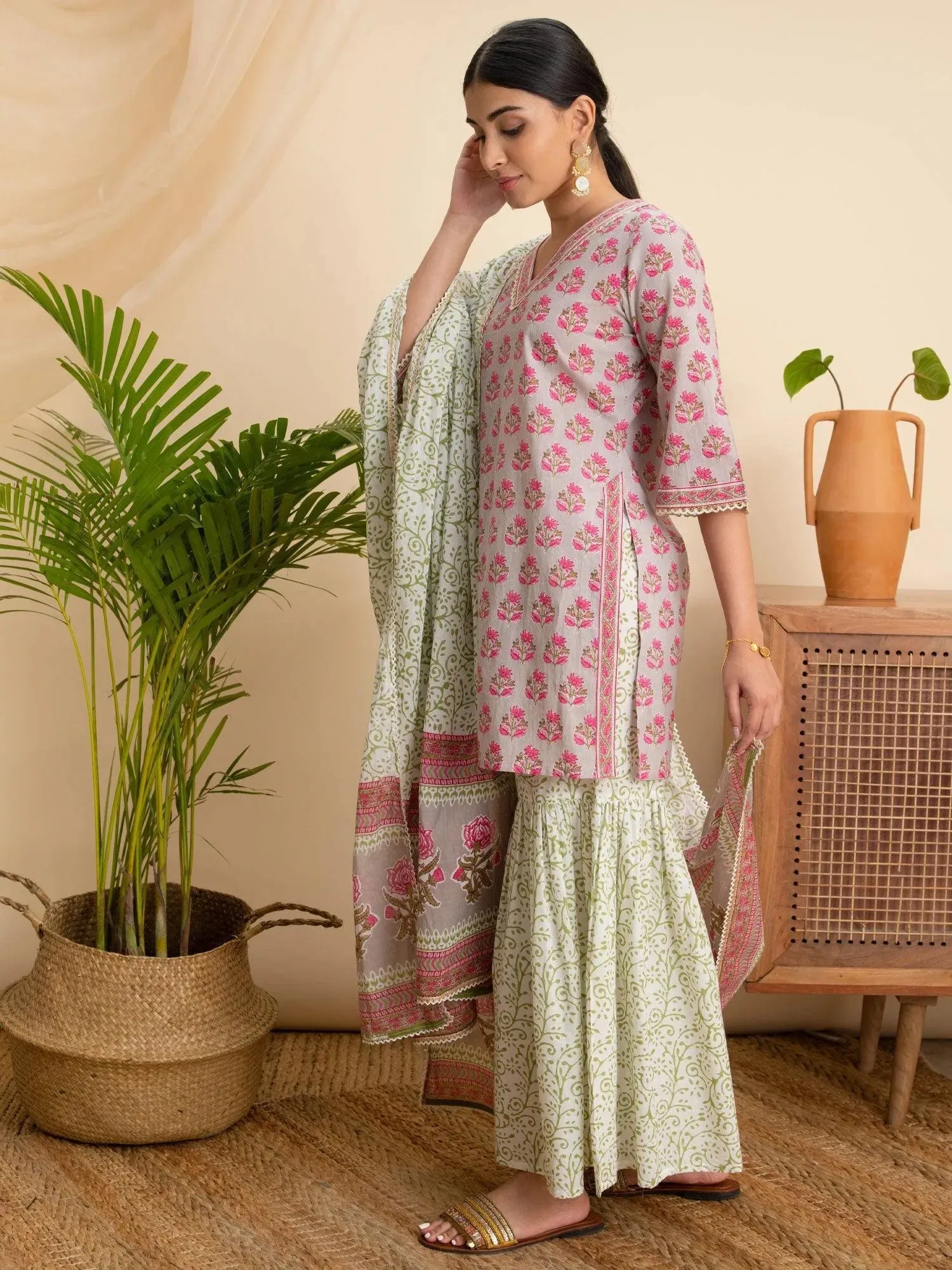 Grey Printed Cotton Straight Kurta With Sharara & Dupatta