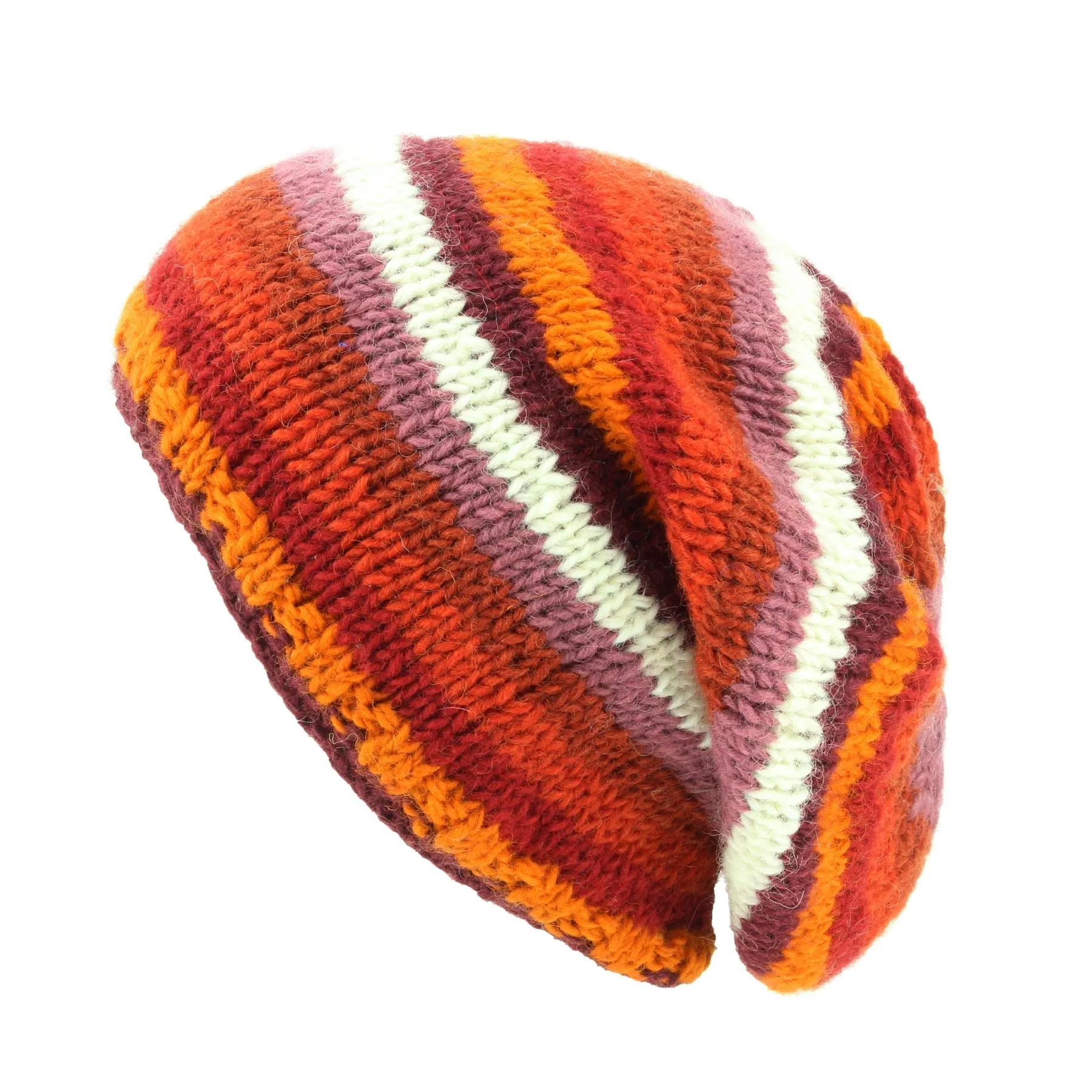 Hand Knitted Baggy Slouch Beanie Hat - Stripe Rust