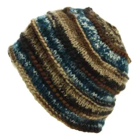 Hand Knitted Wool Beanie Hat - 17 Brown Blue