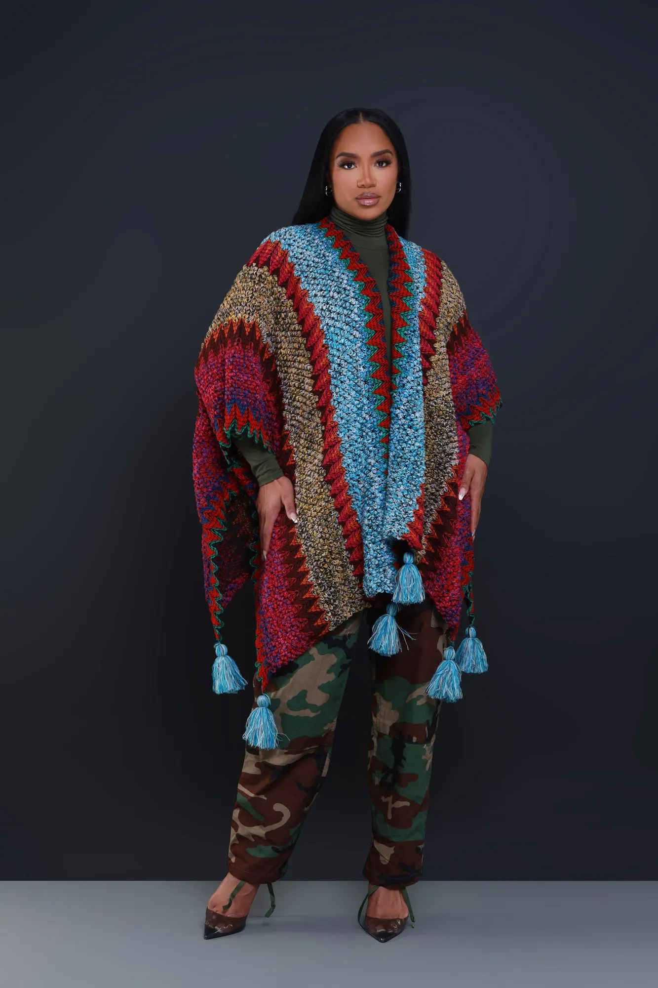 Here's The Thing Crochet Poncho - Light Blue Multicolor