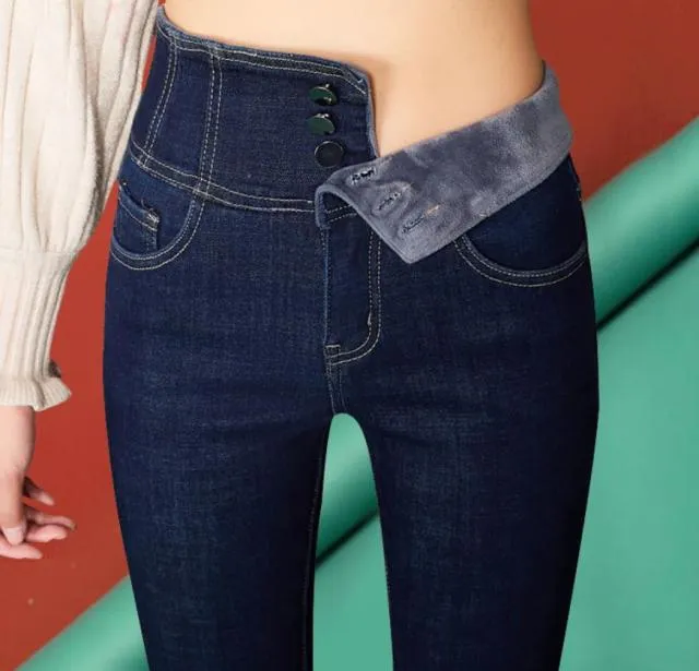 High Waist Thickening Skinny Denim Women Warm Stretch Pencil Jeans