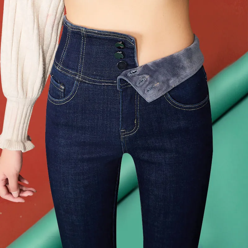 High Waist Thickening Skinny Denim Women Warm Stretch Pencil Jeans