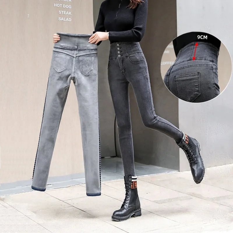 High Waist Thickening Skinny Denim Women Warm Stretch Pencil Jeans