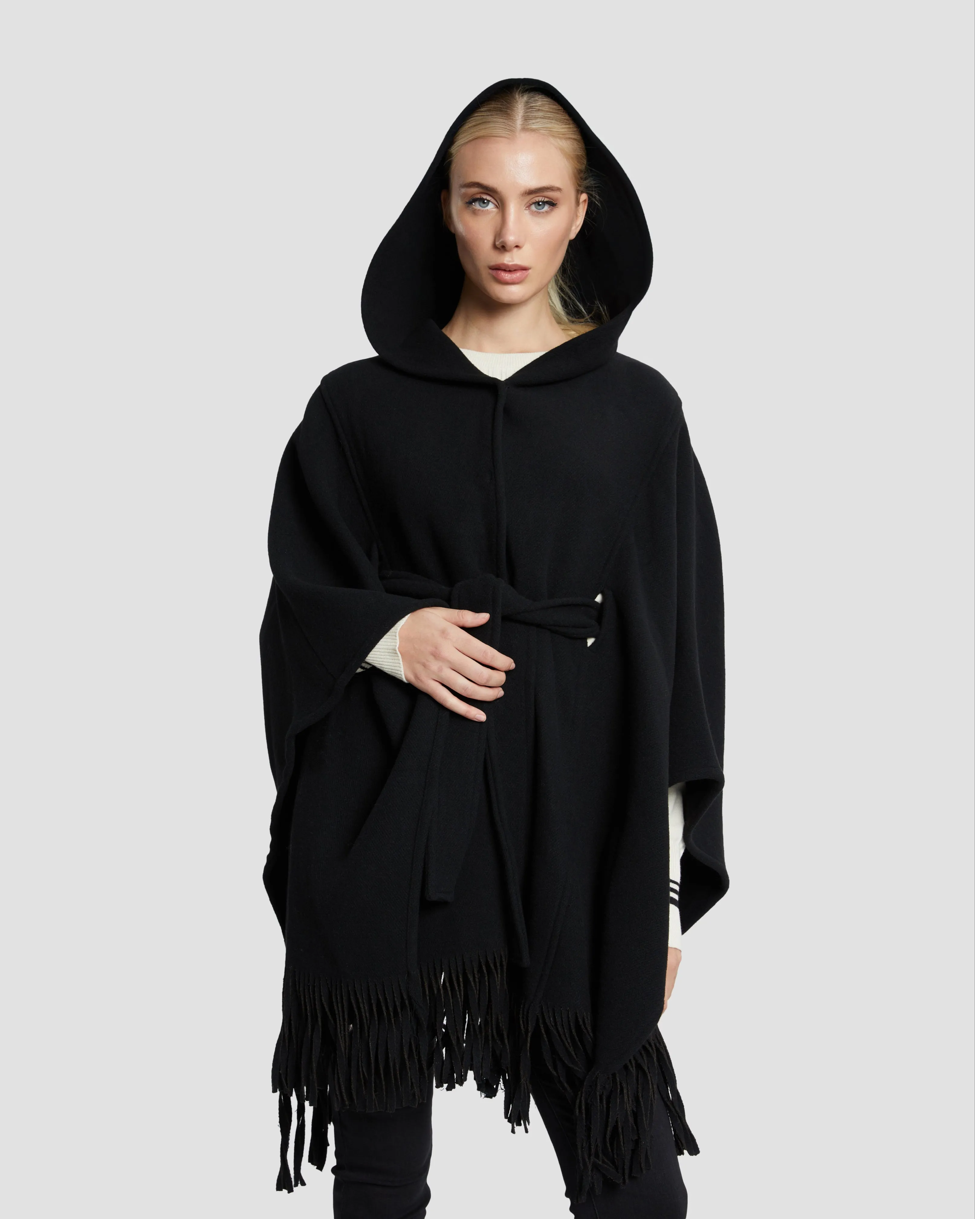 Hooded Fringed Hem Poncho