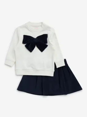 HOP Baby Navy Ribbon-Design Sweatshirt and Skirt Set