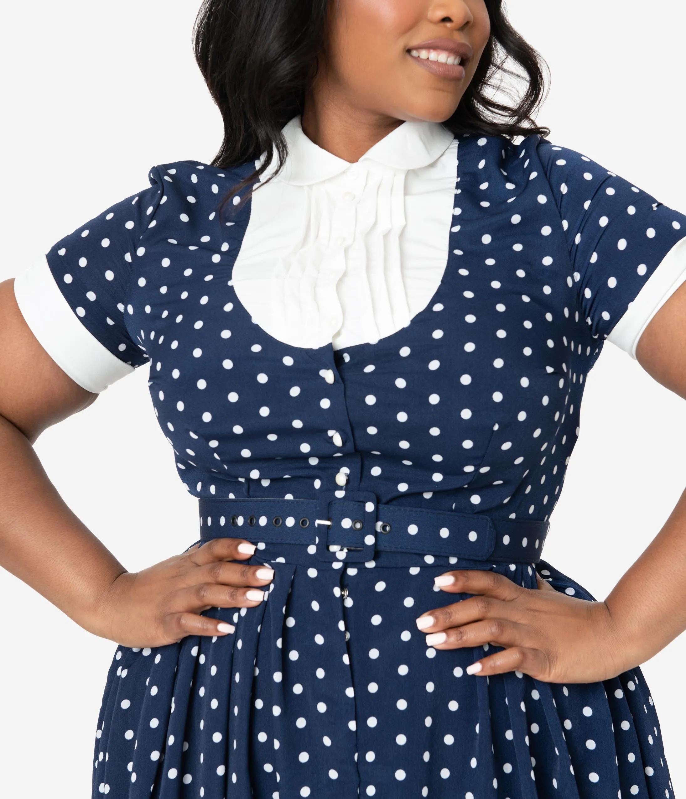 I Love Lucy x Unique Vintage Plus Size Navy & White Polka Dot Ricardo Swing Dress