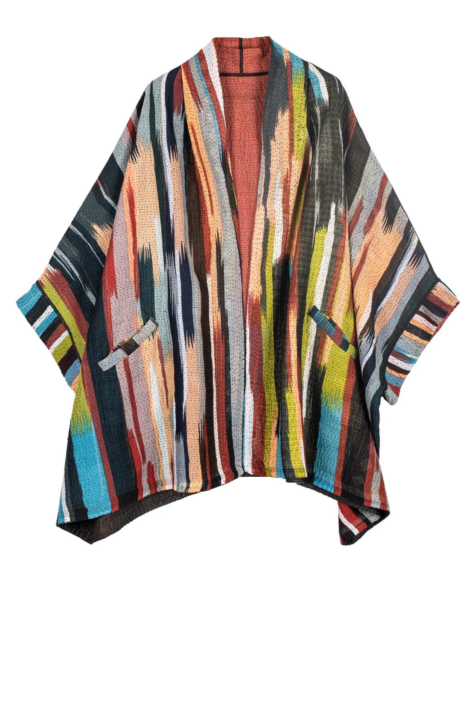 IKAT STRIPE KANTHA DOUBLE COLLAR PONCHO