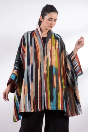 IKAT STRIPE KANTHA DOUBLE COLLAR PONCHO