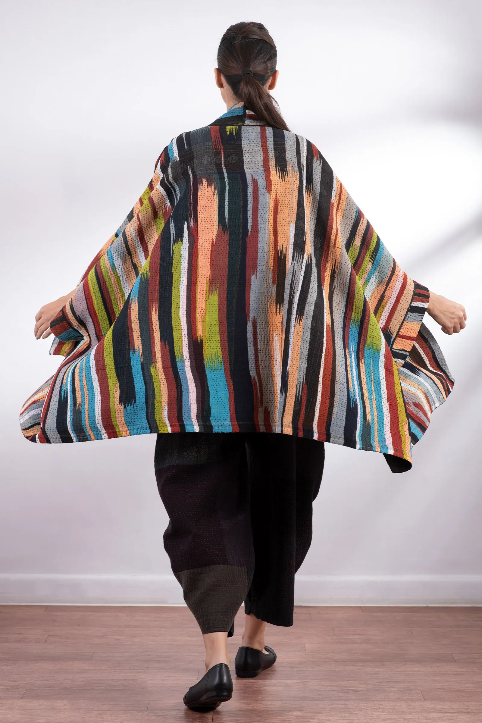 IKAT STRIPE KANTHA DOUBLE COLLAR PONCHO