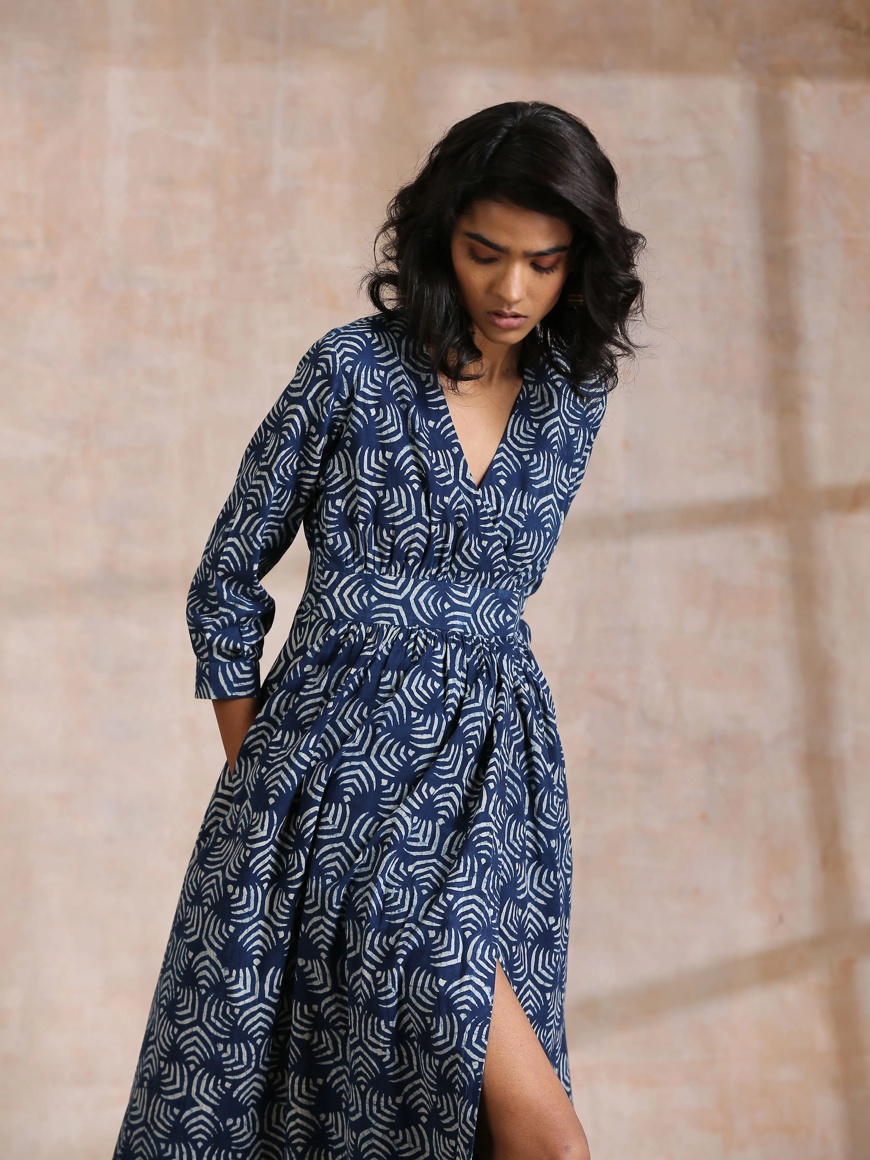 Indigo Dabu Overall Print Cotton Wrap Dress