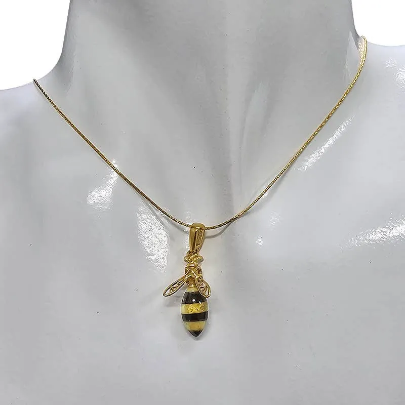 Inlaid Amber Bee Gold Vermeil Sterling Silver Pendant