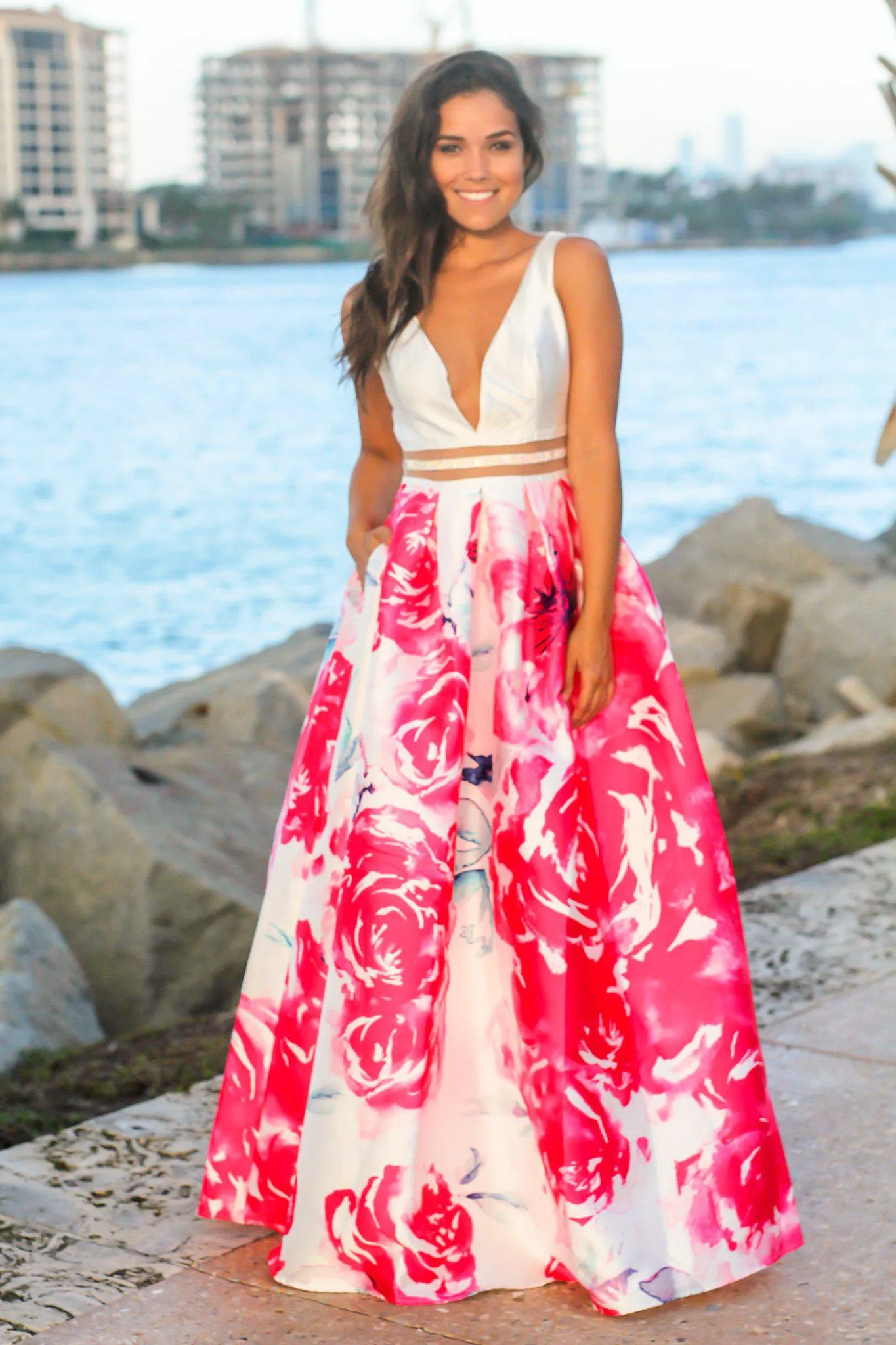 Ivory and Fuchsia Floral Maxi Dress with Waist Detail