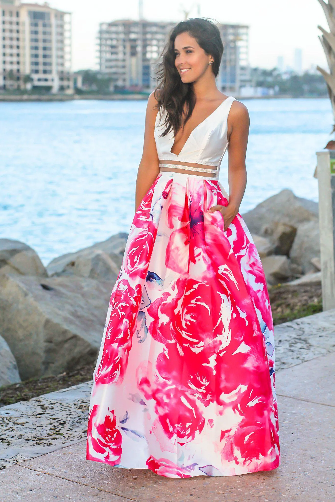 Ivory and Fuchsia Floral Maxi Dress with Waist Detail