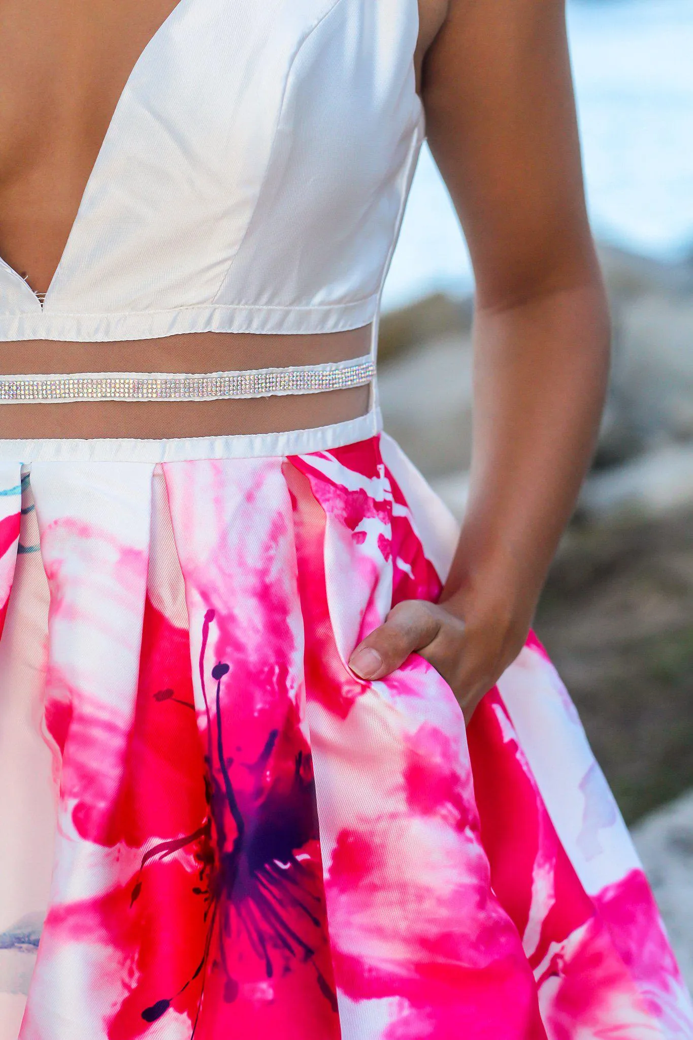 Ivory and Fuchsia Floral Maxi Dress with Waist Detail