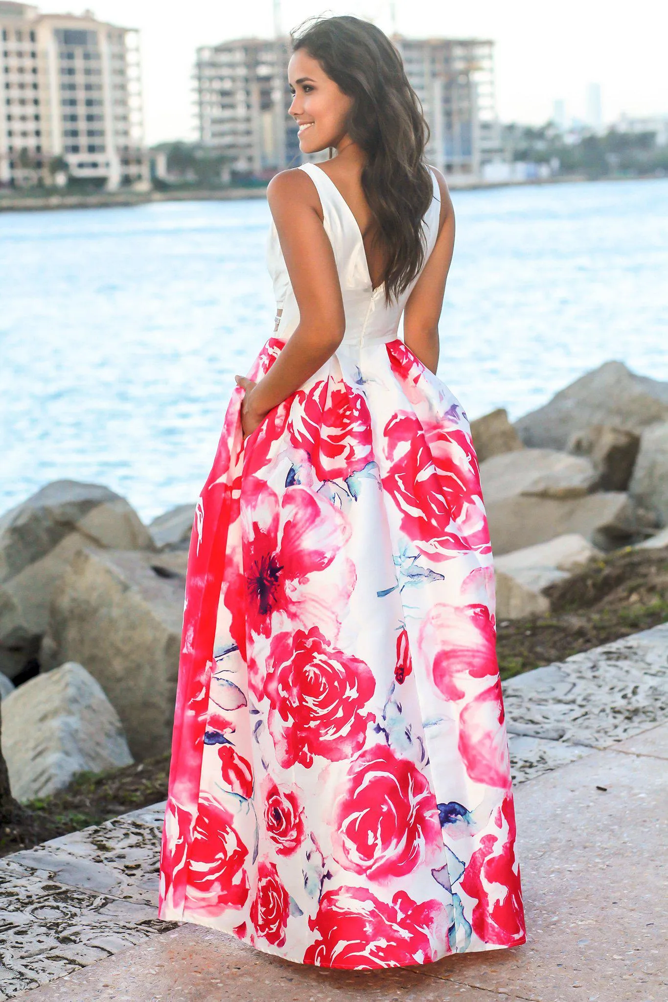 Ivory and Fuchsia Floral Maxi Dress with Waist Detail