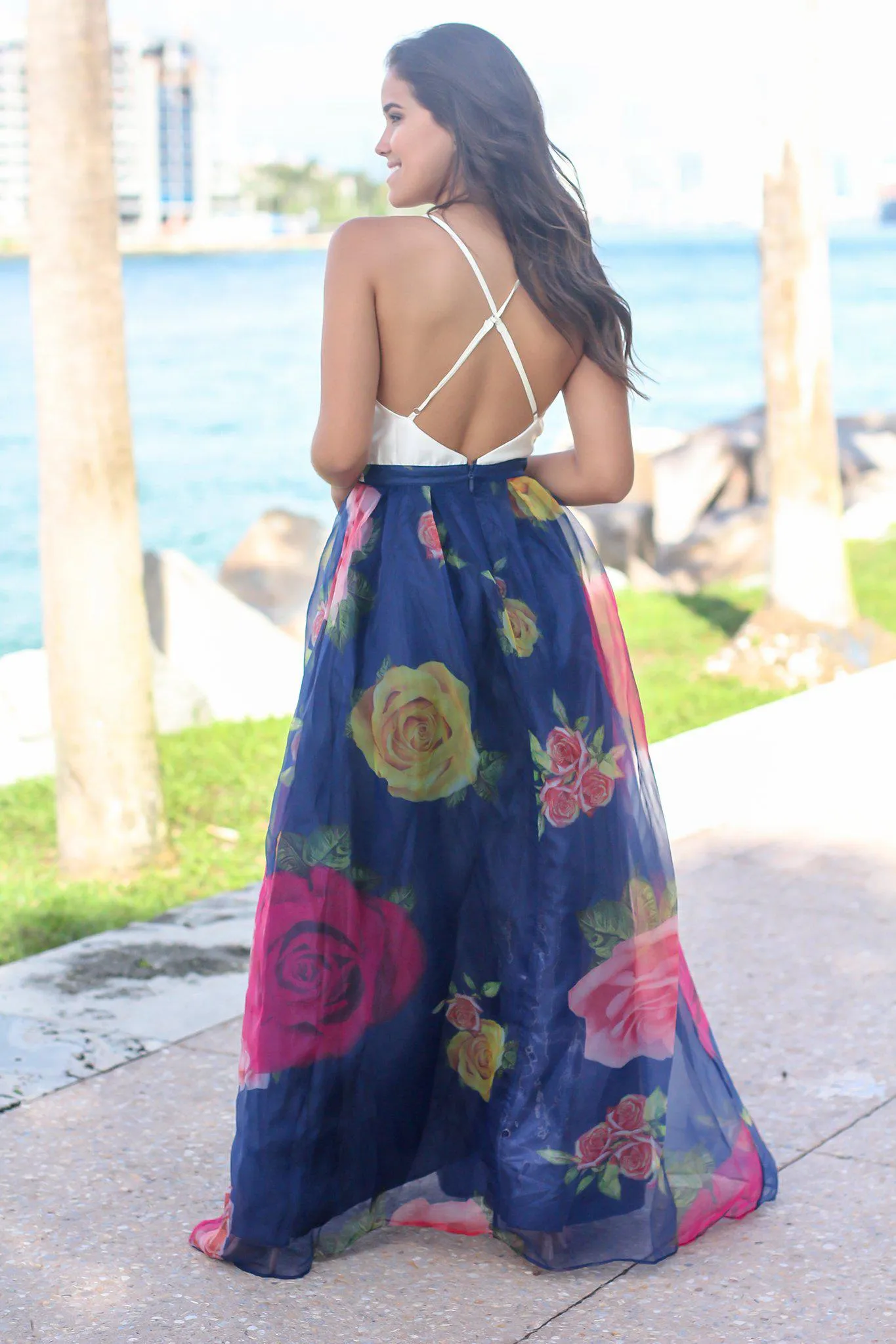 Ivory and Navy Floral Maxi Dress with Criss Cross Back