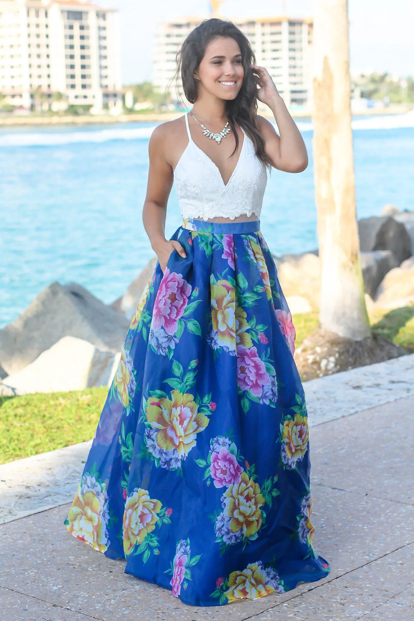 Ivory and Royal Blue Floral Maxi Dress with Criss Cross Back