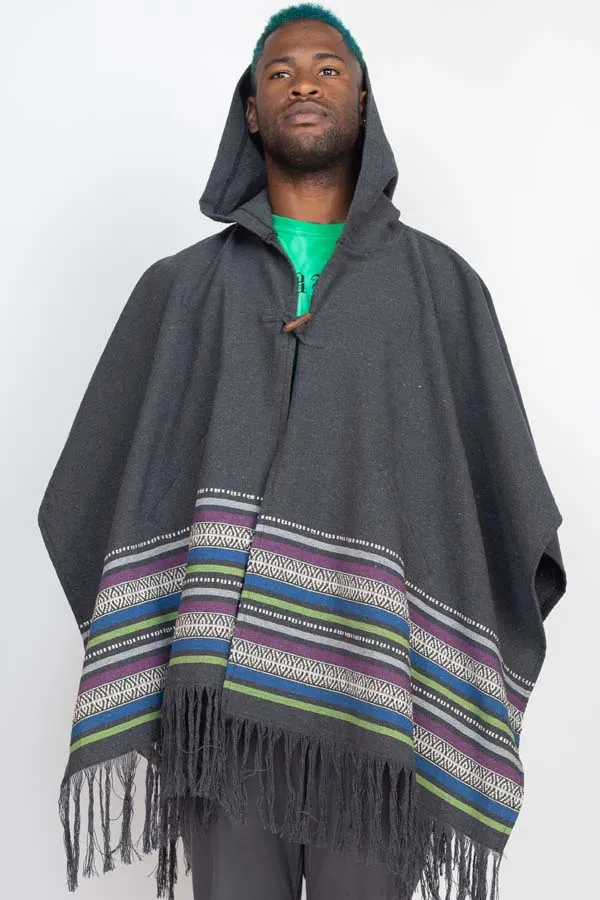 Jacauard Border Hooded Poncho