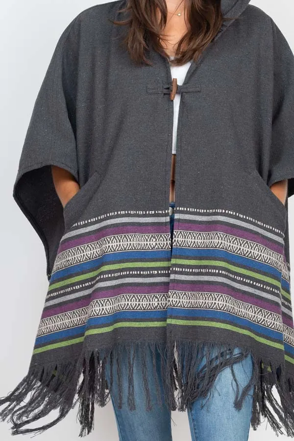 Jacauard Border Hooded Poncho