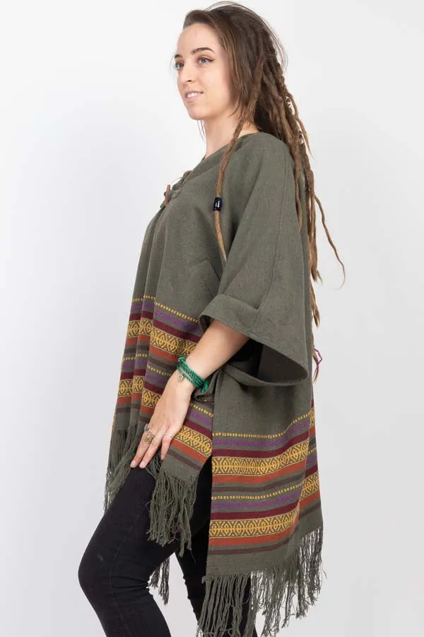 Jacauard Border Hooded Poncho